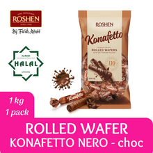 Load image into Gallery viewer, HALAL Roshen Konafetto Nero Cocoa Bianco Milky Chocolate Glazed Crispy Rolled Wafer With Soft Creamy Filling
