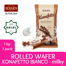 Load image into Gallery viewer, HALAL Roshen Konafetto Nero Cocoa Bianco Milky Chocolate Glazed Crispy Rolled Wafer With Soft Creamy Filling
