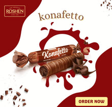 Load image into Gallery viewer, HALAL Roshen Konafetto Nero Cocoa Bianco Milky Chocolate Glazed Crispy Rolled Wafer With Soft Creamy Filling
