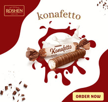 Load image into Gallery viewer, HALAL Roshen Konafetto Nero Cocoa Bianco Milky Chocolate Glazed Crispy Rolled Wafer With Soft Creamy Filling
